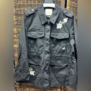 Kate Spade Black Utility Jacket w/ Floral Embroidery- XLarge, Womens Fabric Fade